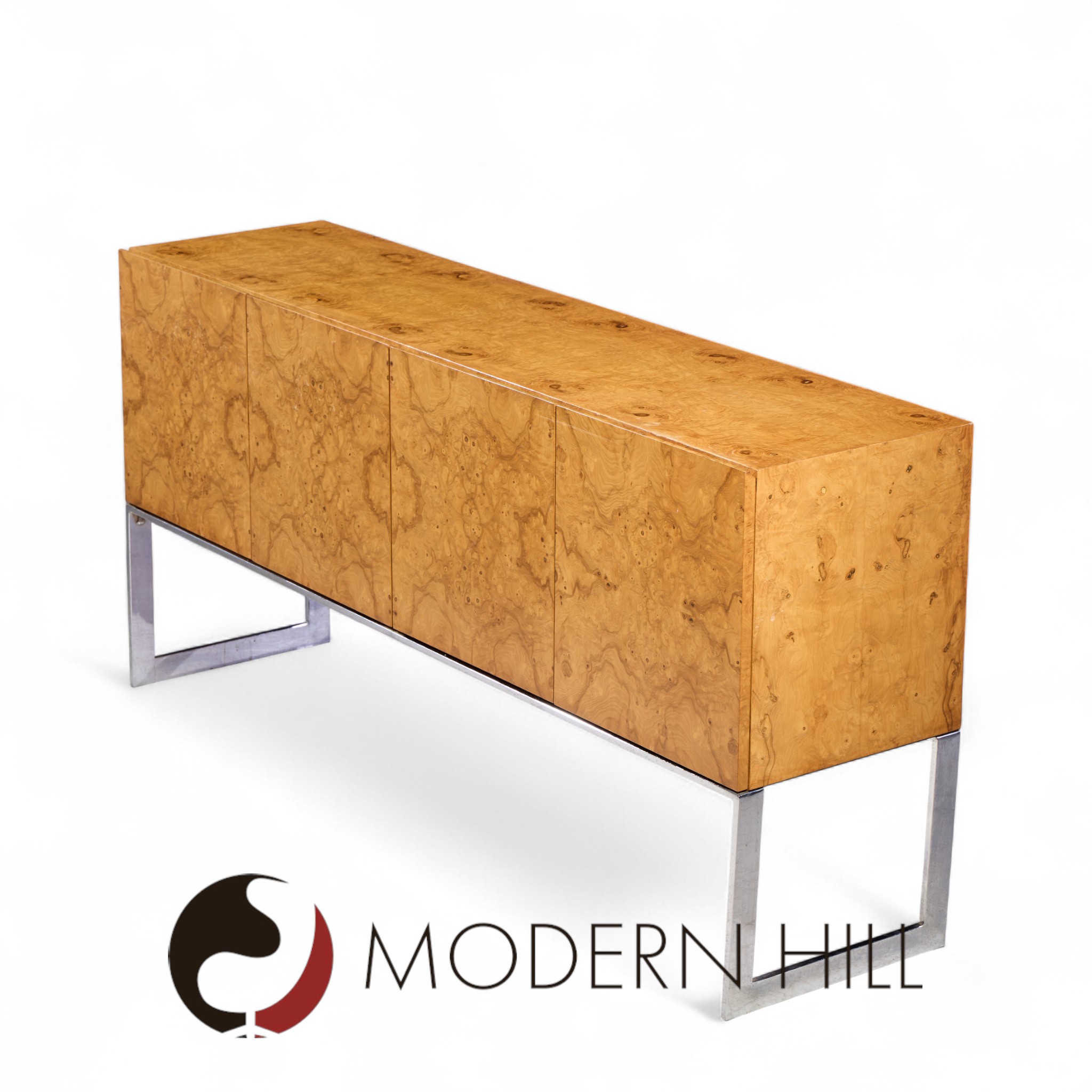 Milo Baughman for Thayer Coggin Mid Century Burlwood and Chrome Credenza