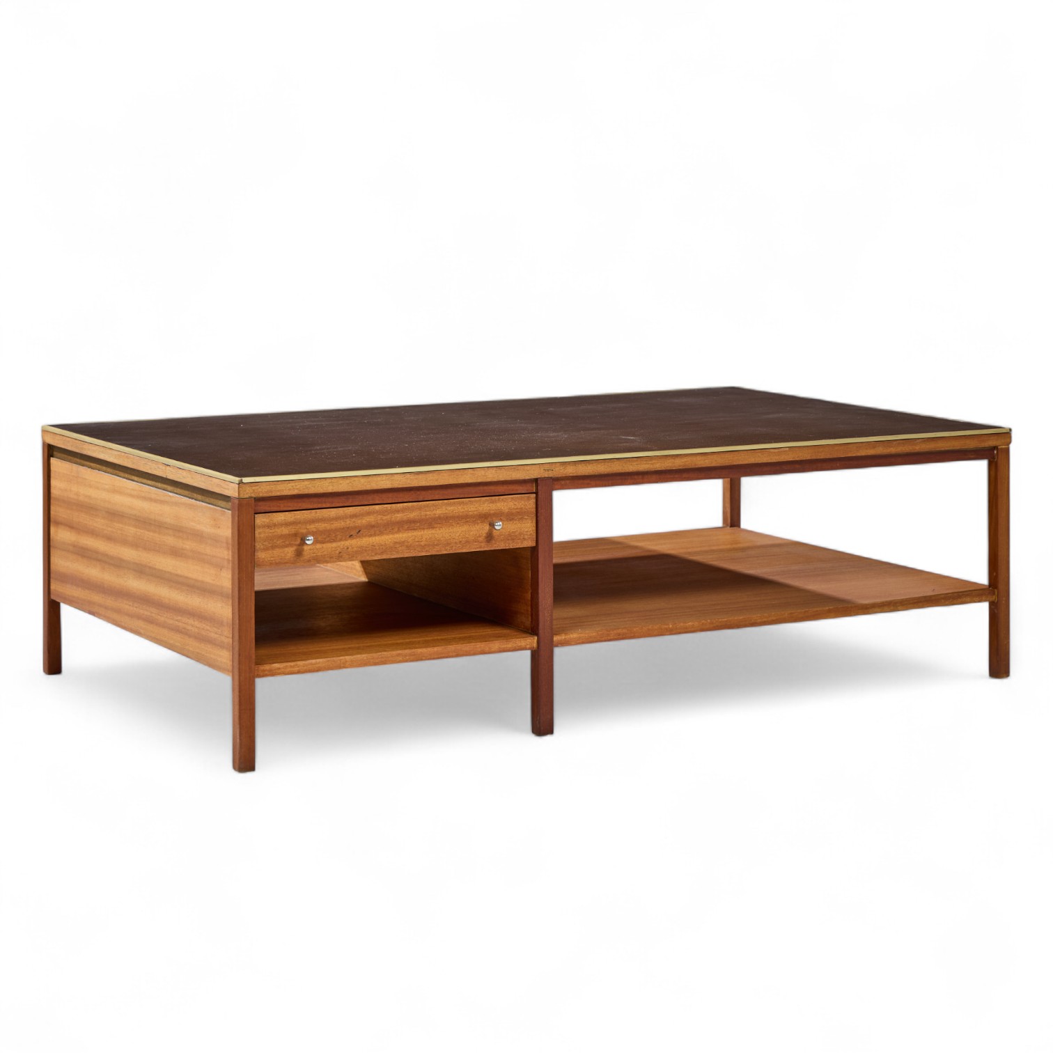 Paul Mccobb for Calvin Mid Century Leather, Brass and Mahogany Coffee Table