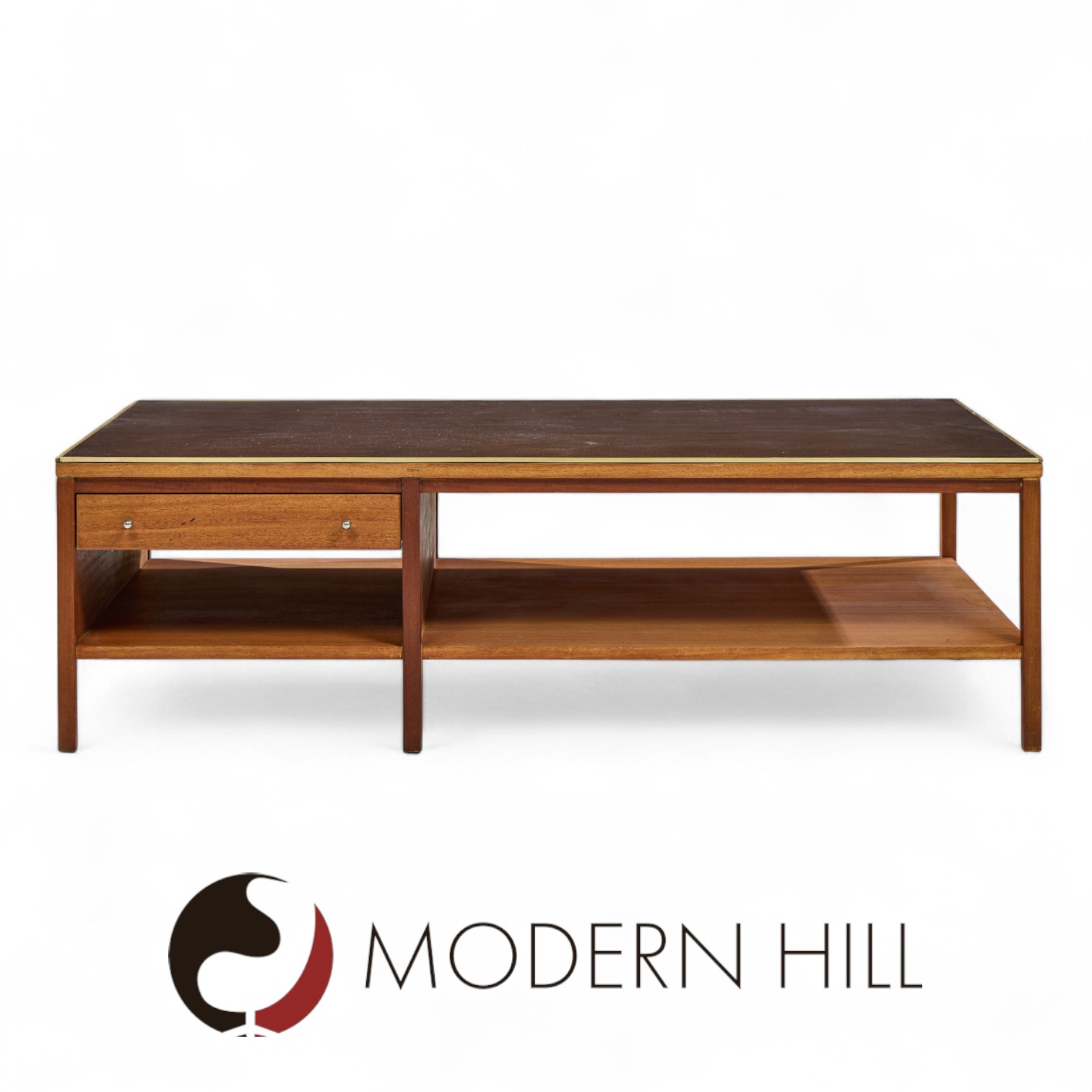 Paul Mccobb for Calvin Mid Century Leather, Brass and Mahogany Coffee Table