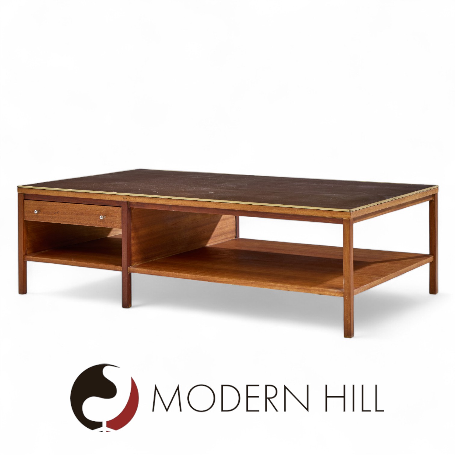 Paul Mccobb for Calvin Mid Century Leather, Brass and Mahogany Coffee Table