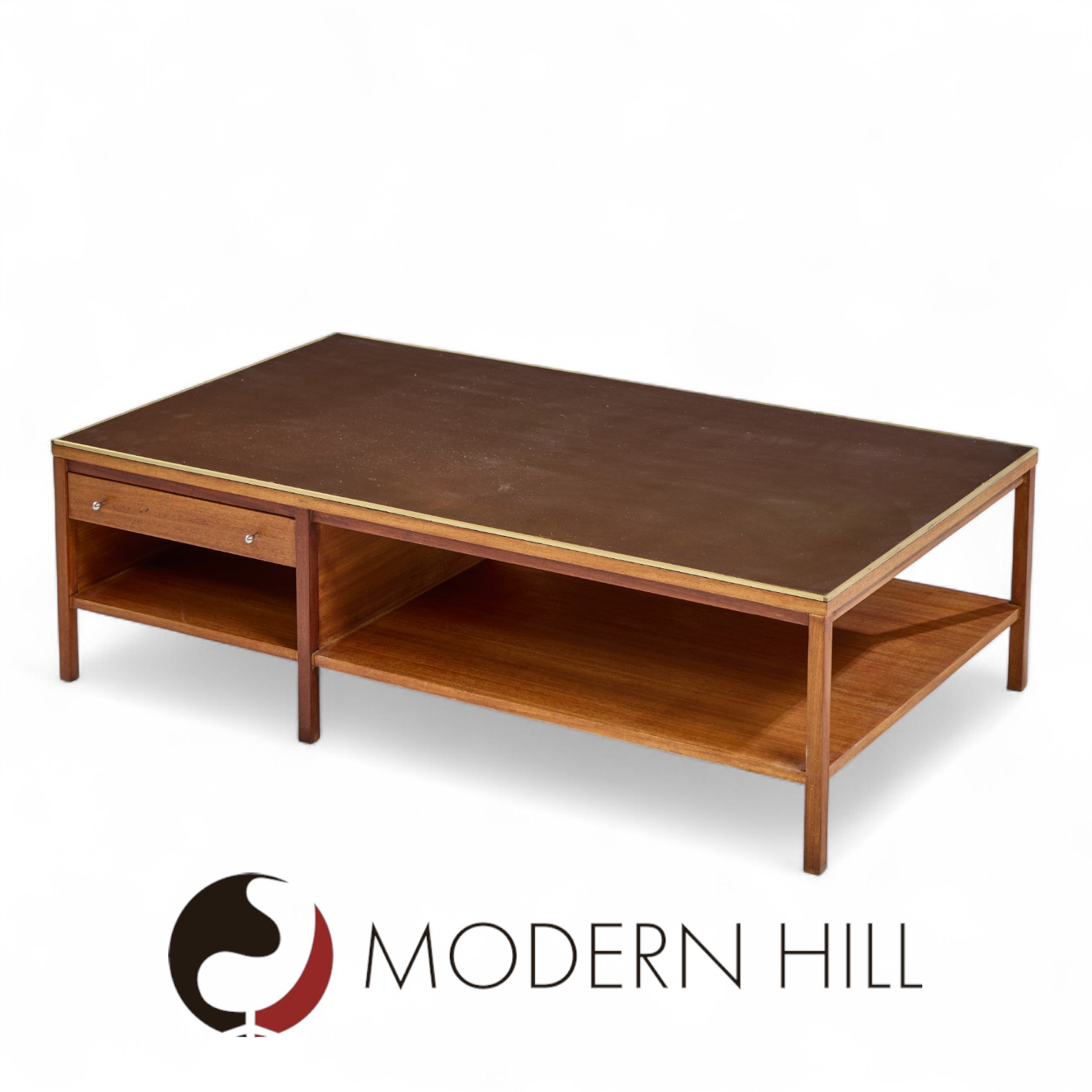 Paul Mccobb for Calvin Mid Century Leather, Brass and Mahogany Coffee Table