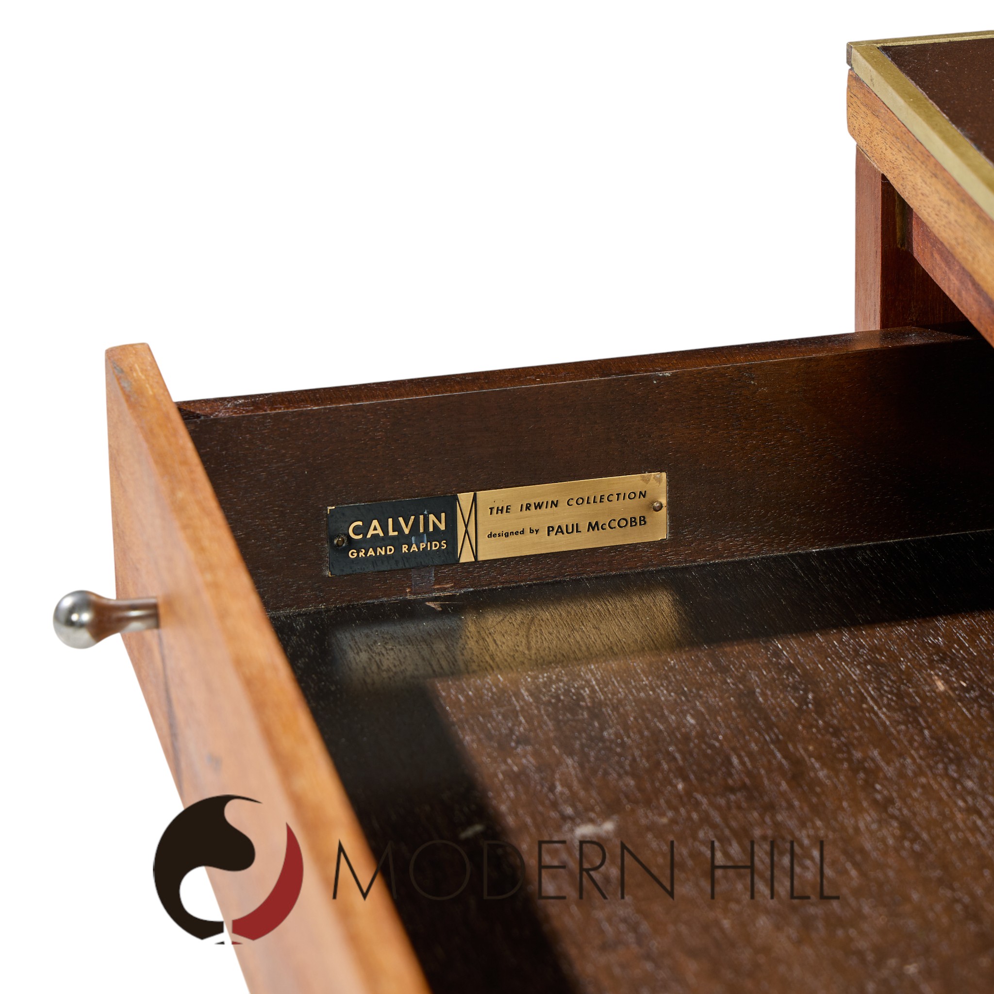 Paul Mccobb for Calvin Mid Century Leather, Brass and Mahogany Coffee Table