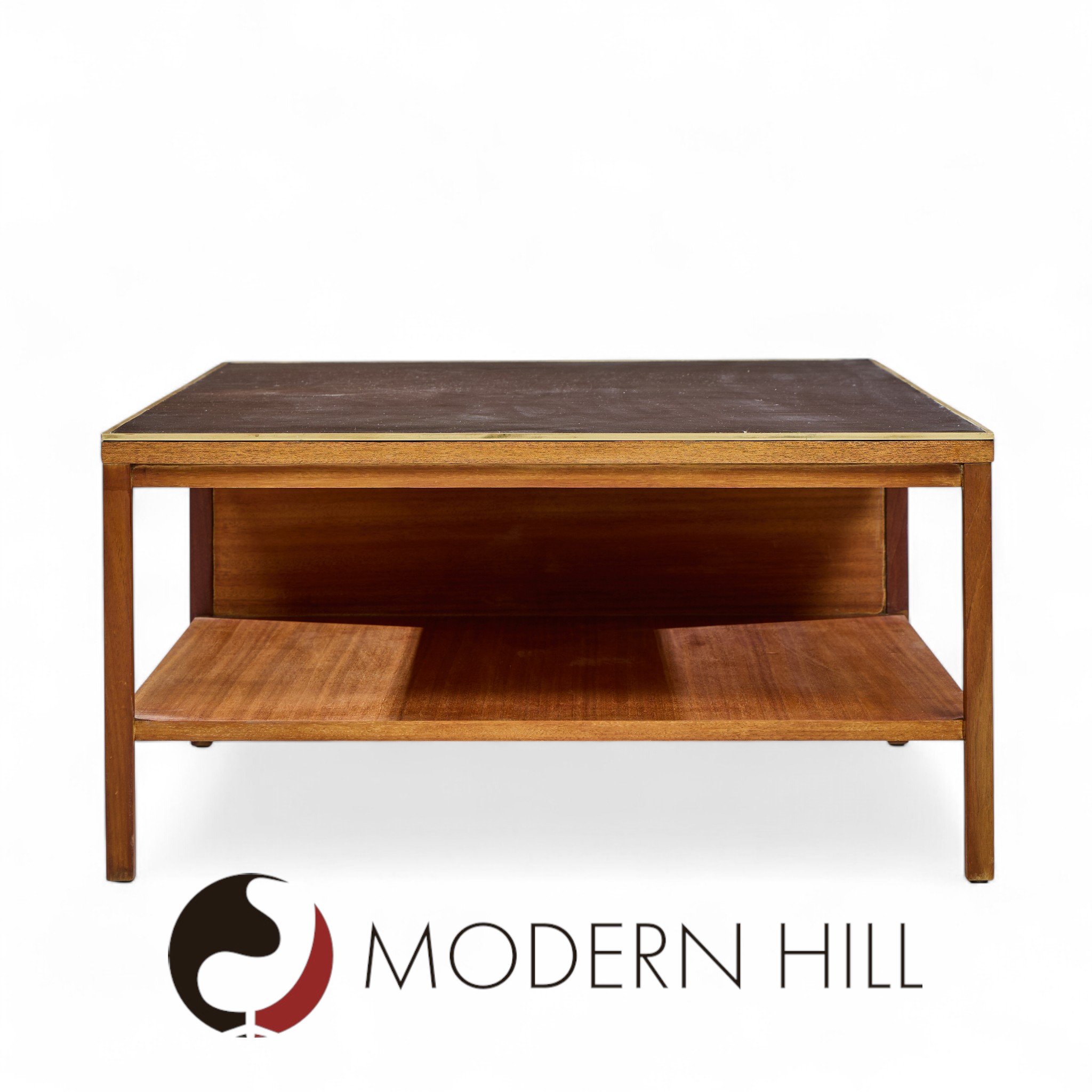 Paul Mccobb for Calvin Mid Century Leather, Brass and Mahogany Coffee Table