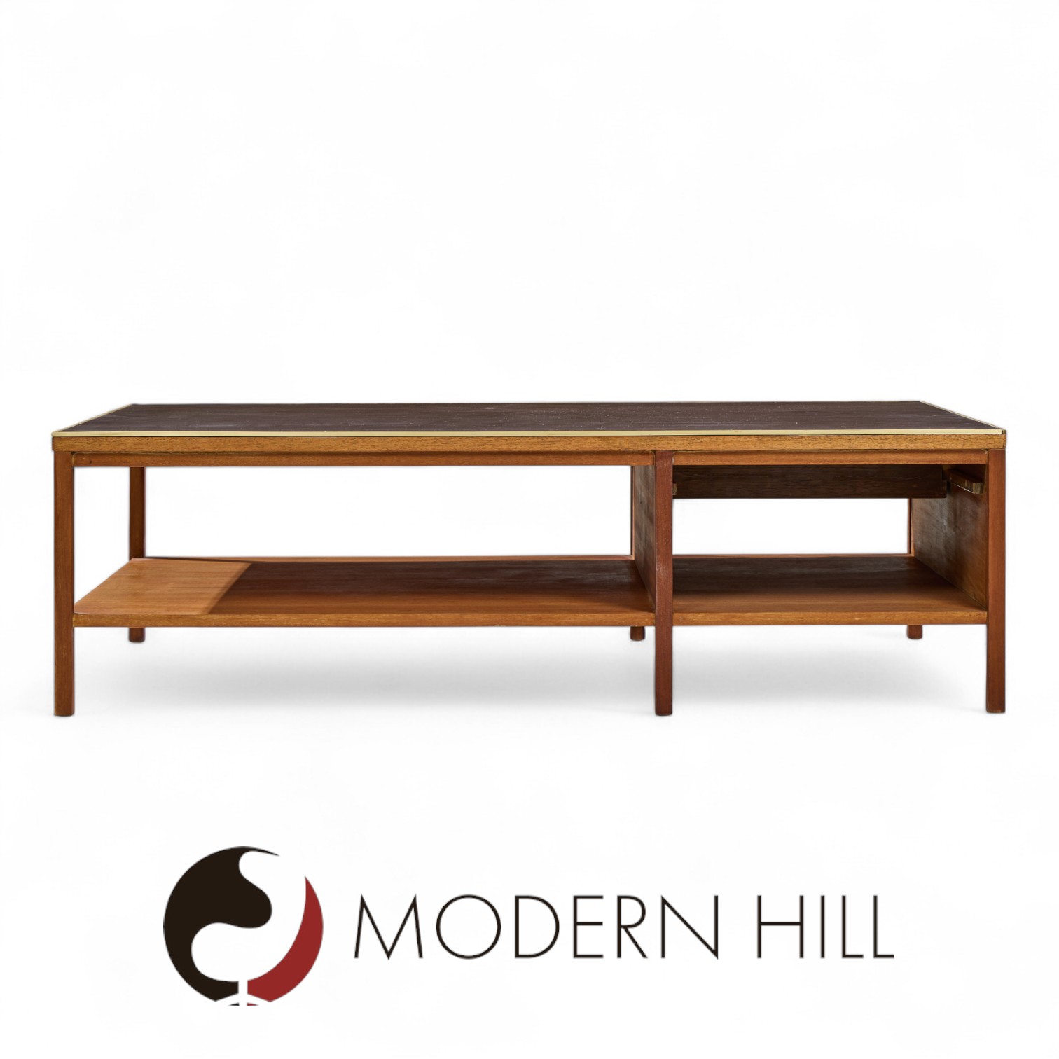 Paul Mccobb for Calvin Mid Century Leather, Brass and Mahogany Coffee Table
