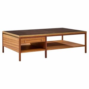 Paul Mccobb for Calvin Mid Century Leather, Brass and Mahogany Coffee Table