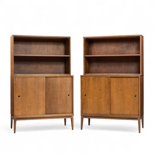 Paul Mccobb for Planner Group Mid Century Sliding Door Cabinet with Hutch - Pair