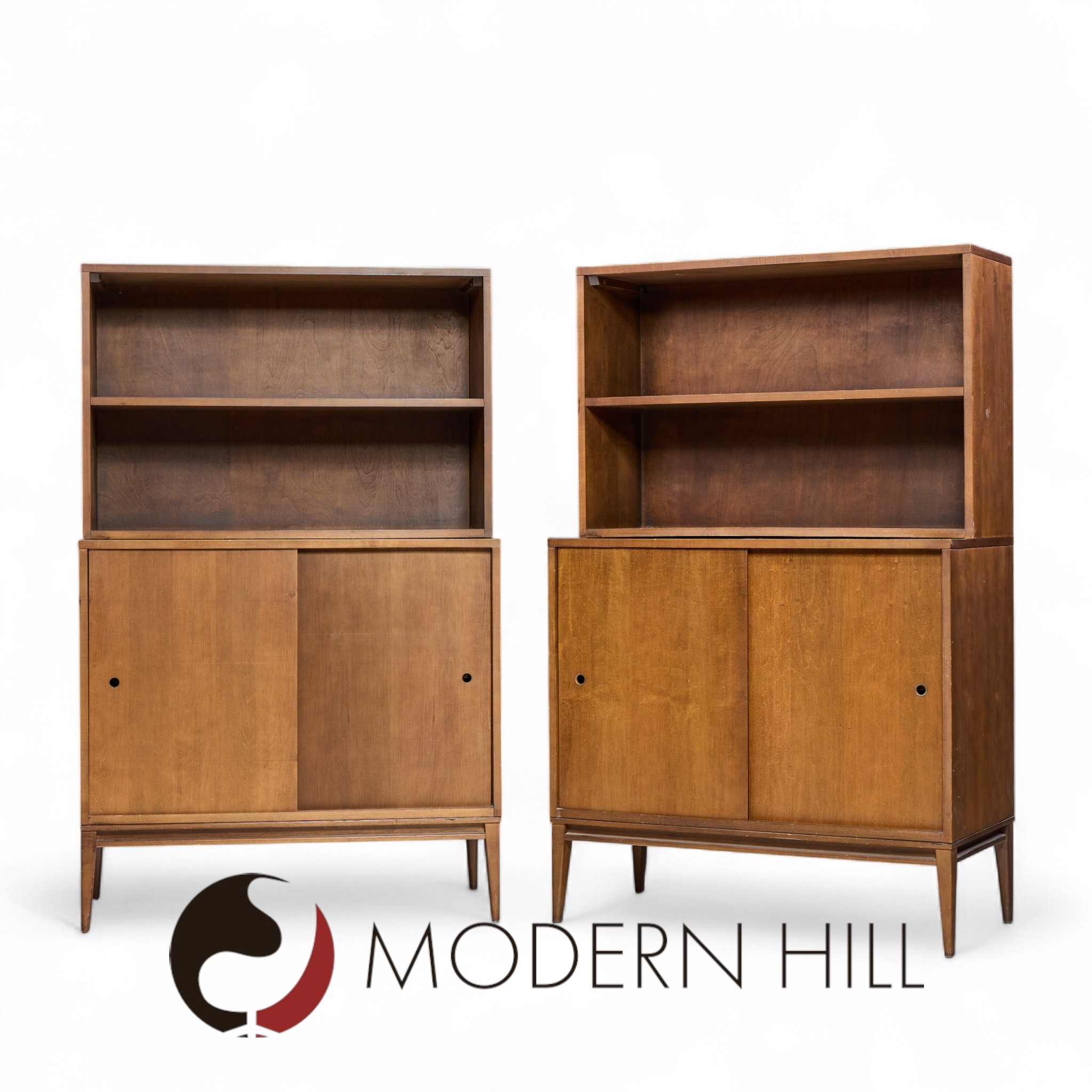 Paul Mccobb for Planner Group Mid Century Sliding Door Cabinet with Hutch - Pair