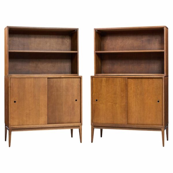 Paul Mccobb for Planner Group Mid Century Sliding Door Cabinet with Hutch - Pair