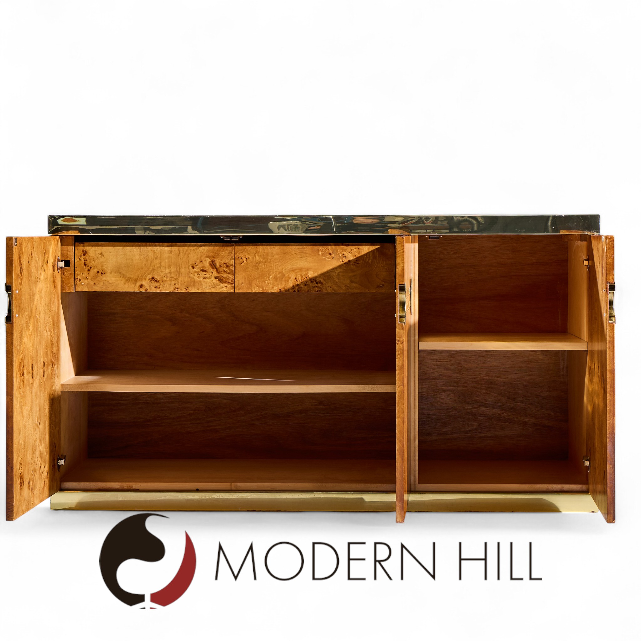 Pierre Cardin Mid Century Burlwood and Brass Credenza