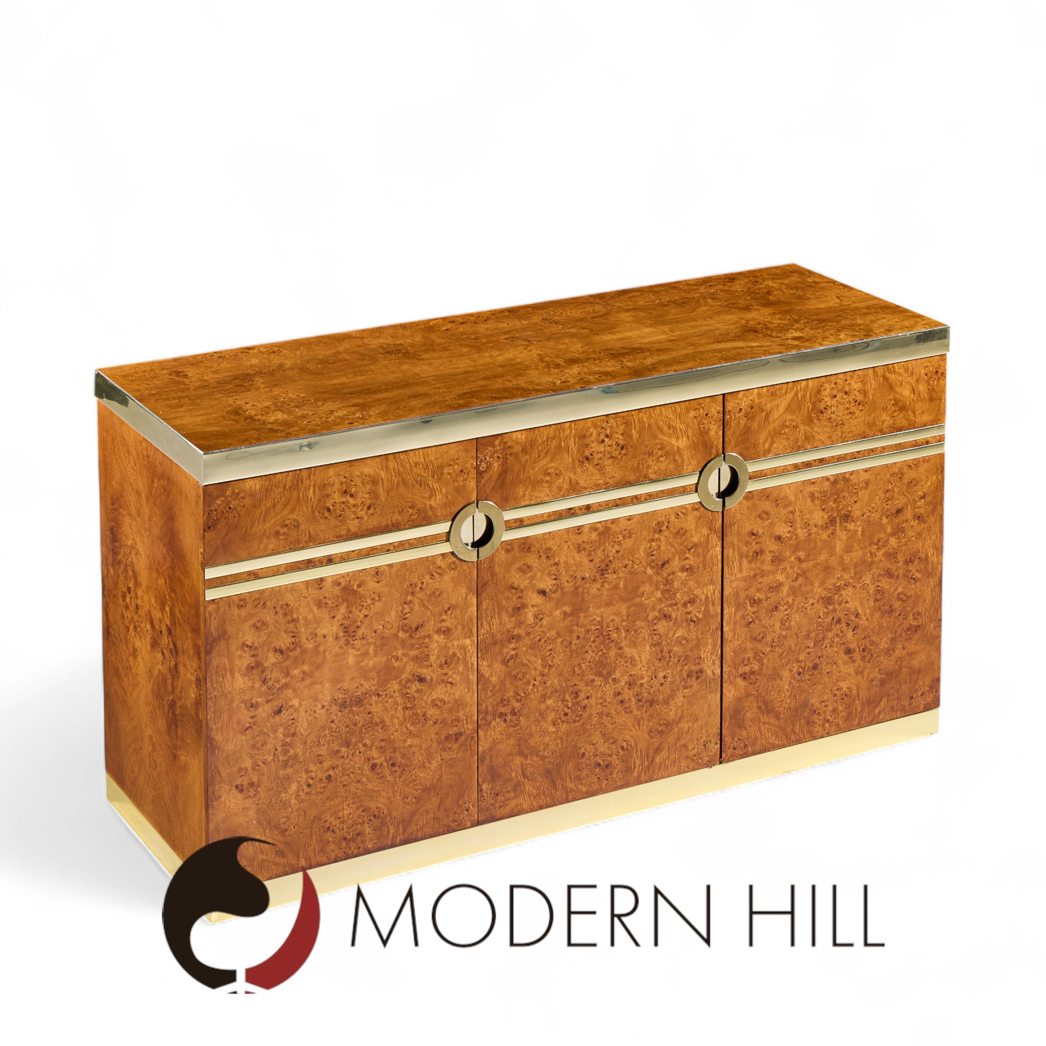 Pierre Cardin Mid Century Burlwood and Brass Credenza