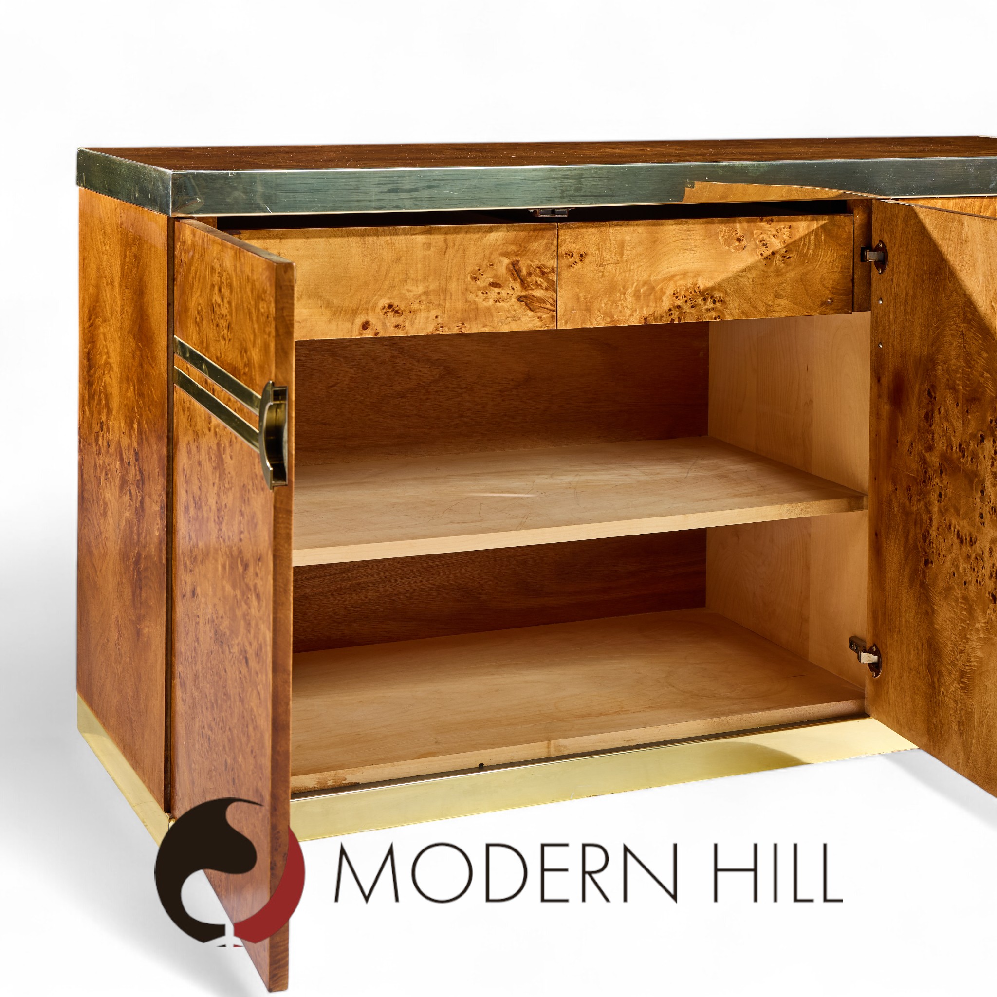 Pierre Cardin Mid Century Burlwood and Brass Credenza