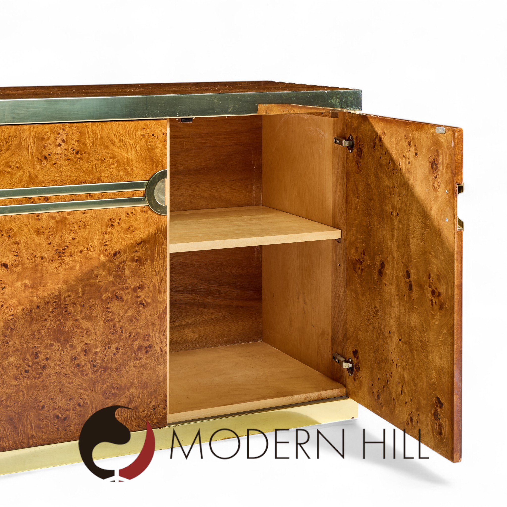 Pierre Cardin Mid Century Burlwood and Brass Credenza