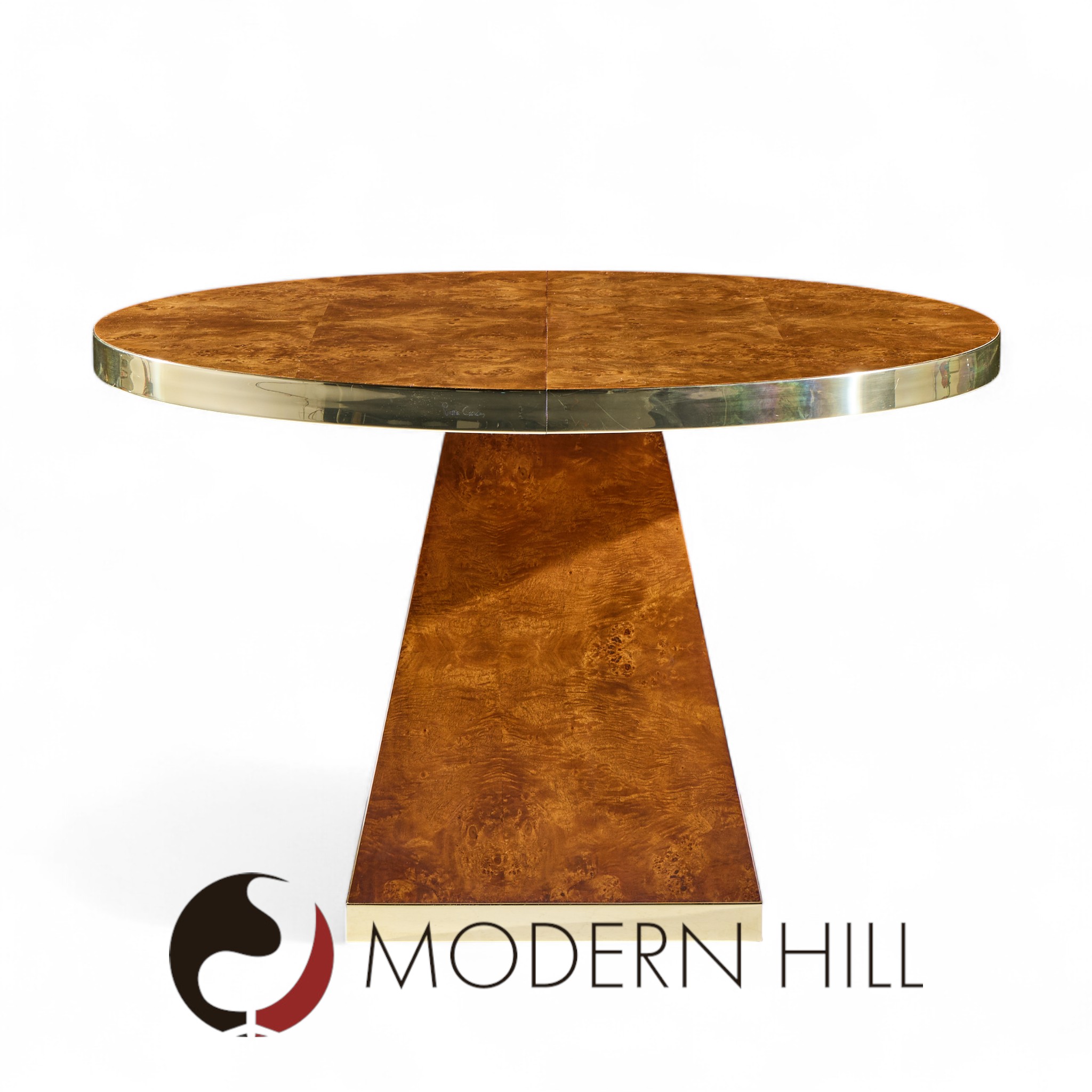Pierre Cardin Mid Century Burlwood and Brass Expanding Dining Table with 1 Leaf