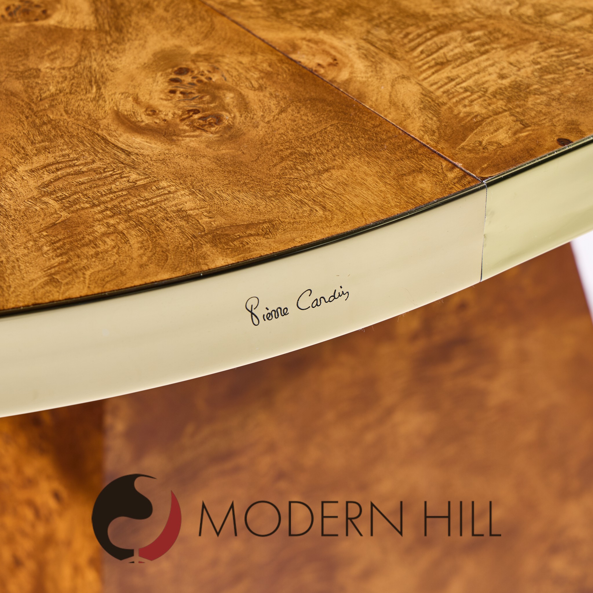 Pierre Cardin Mid Century Burlwood and Brass Expanding Dining Table with 1 Leaf