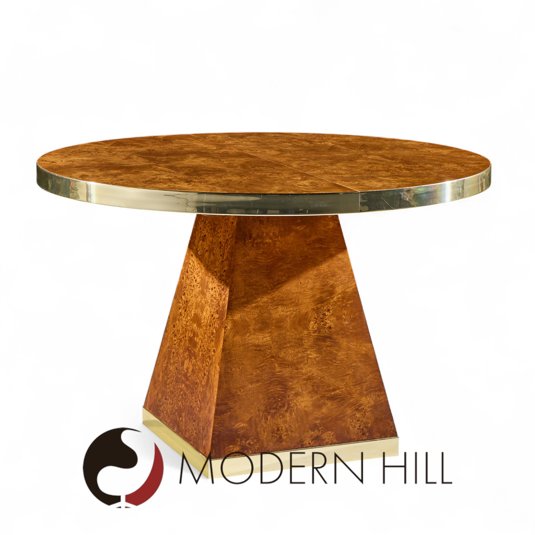 Pierre Cardin Mid Century Burlwood and Brass Expanding Dining Table with 1 Leaf