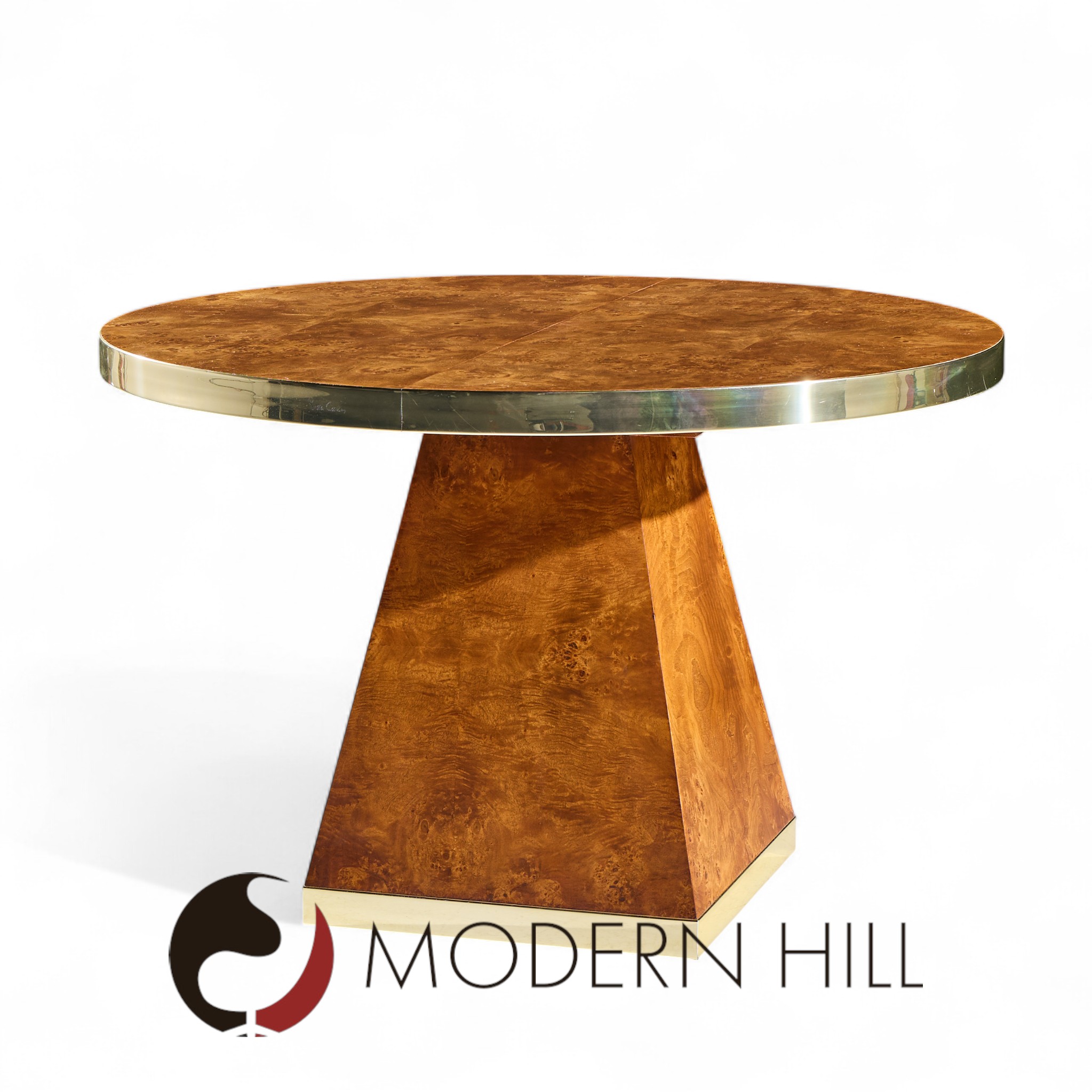 Pierre Cardin Mid Century Burlwood and Brass Expanding Dining Table with 1 Leaf