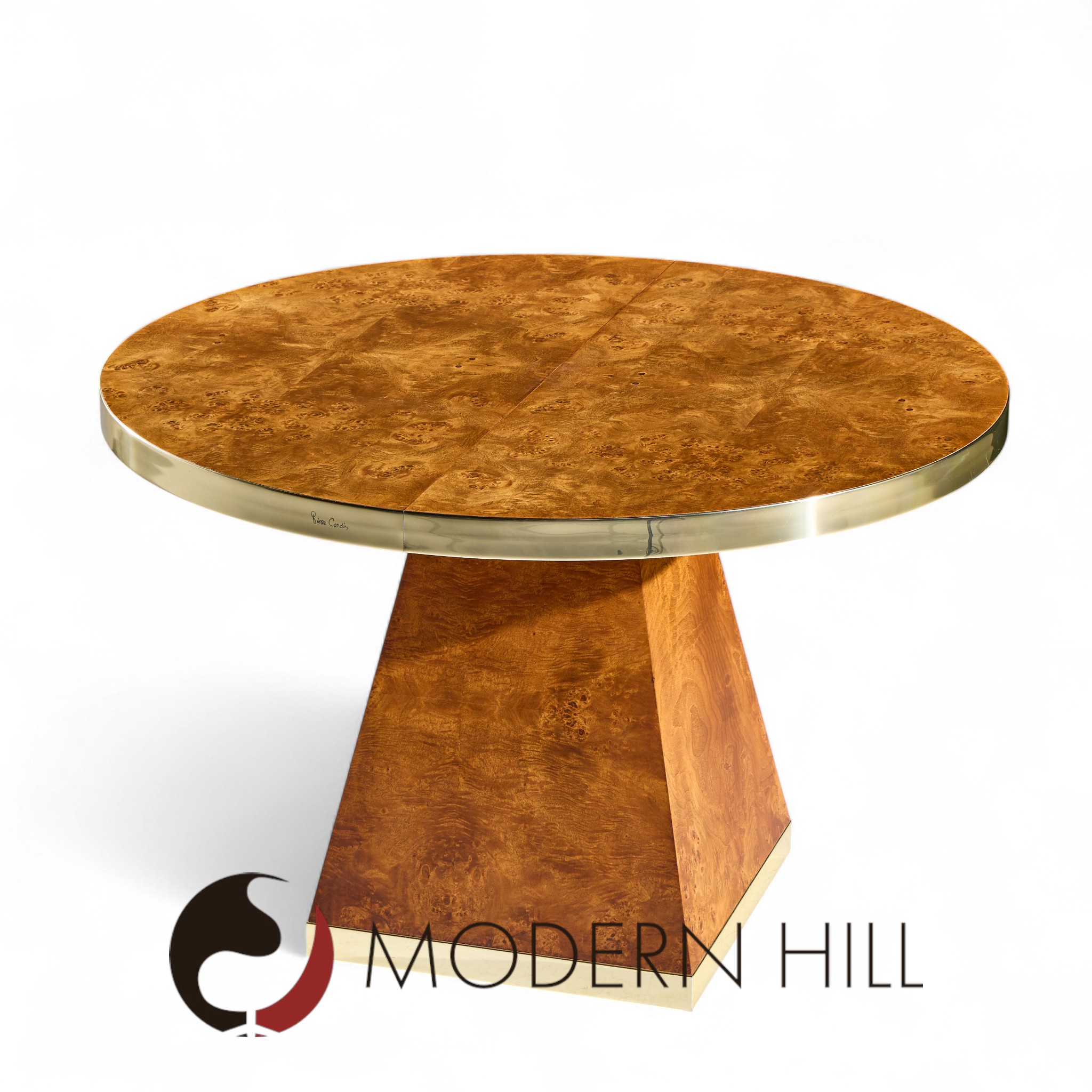 Pierre Cardin Mid Century Burlwood and Brass Expanding Dining Table with 1 Leaf