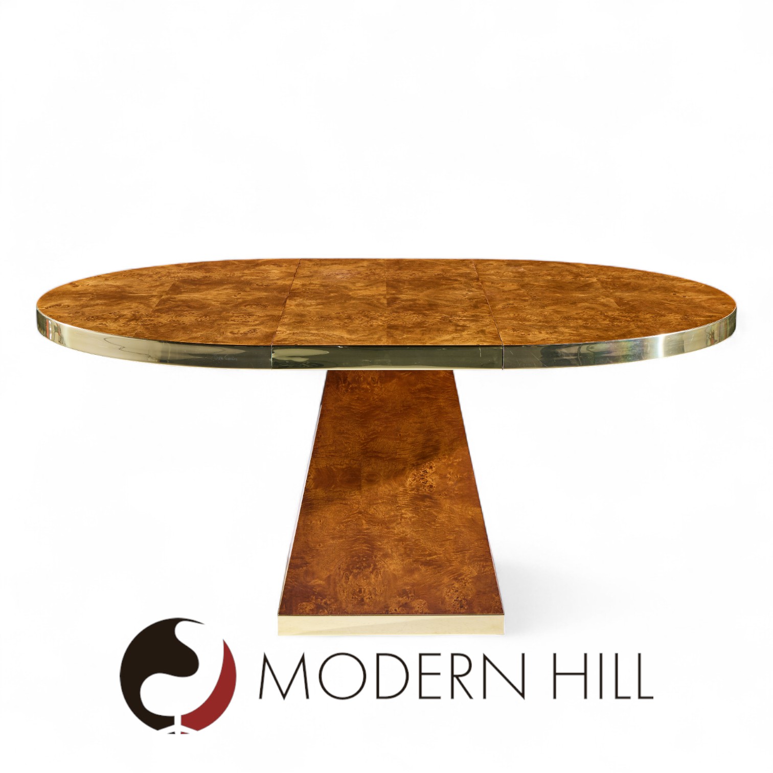 Pierre Cardin Mid Century Burlwood and Brass Expanding Dining Table with 1 Leaf