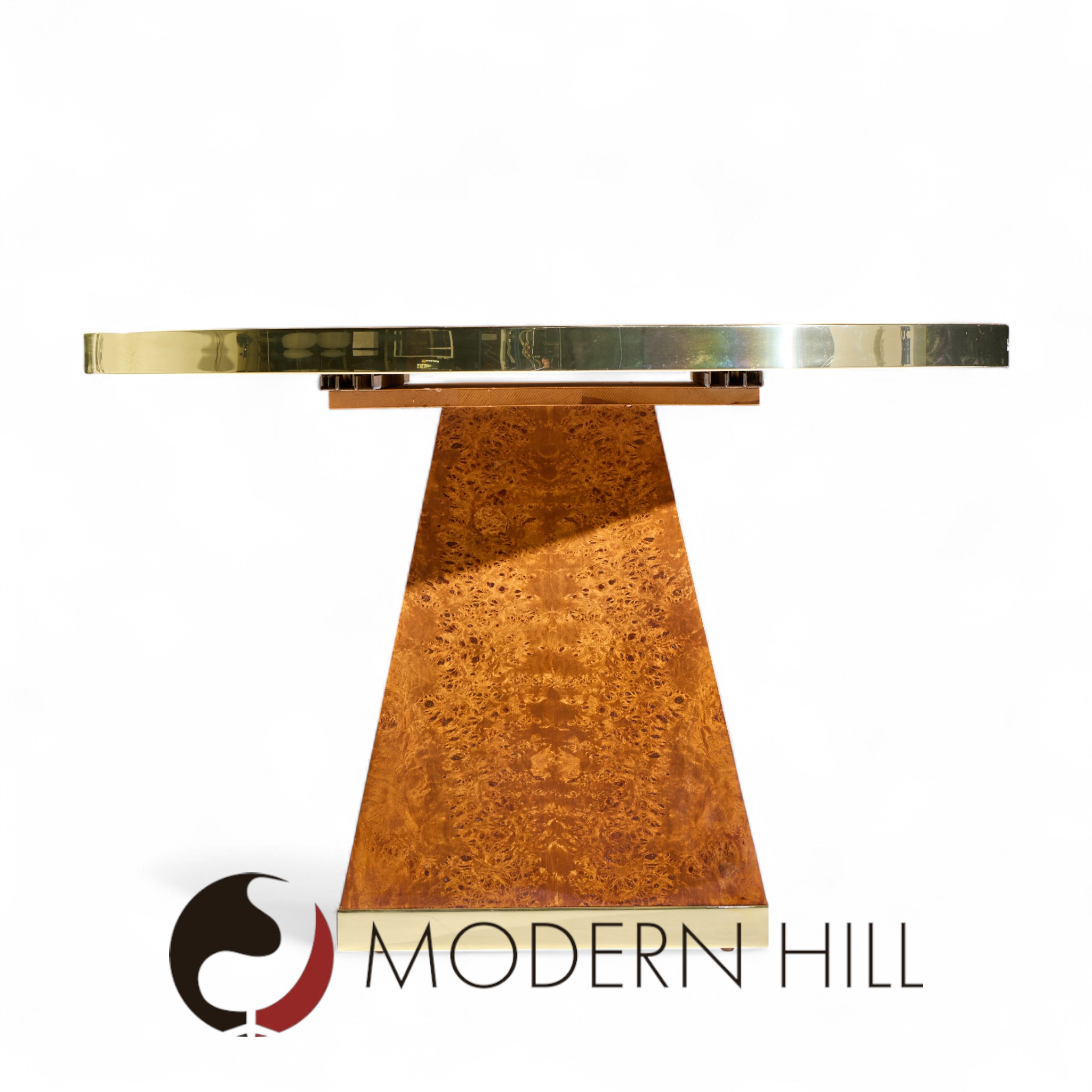 Pierre Cardin Mid Century Burlwood and Brass Expanding Dining Table with 1 Leaf