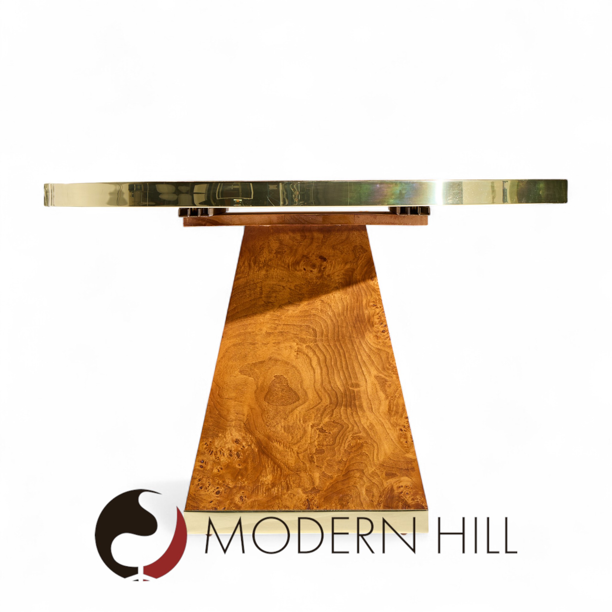 Pierre Cardin Mid Century Burlwood and Brass Expanding Dining Table with 1 Leaf