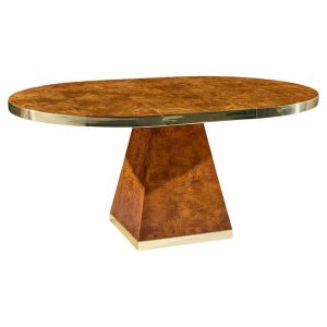 pierre cardin mid century burlwood and brass expanding dining table with 1 leaf