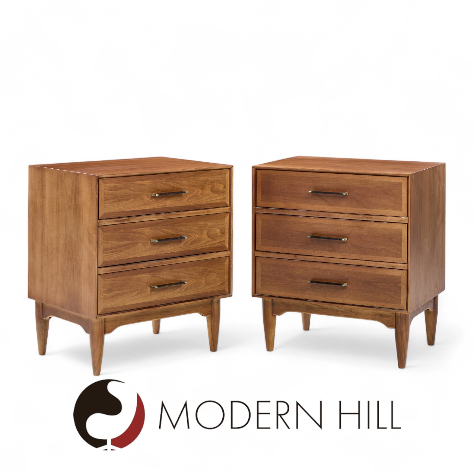 Ramseur Mid Century Walnut 3-drawer Nightstands - Pair
