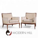 Robsjohn Gibbings for Widdicomb Mid Century Walnut Saber Leg Lounge Chairs - Pair | Mid Century Modern Furniture - Mid Century Furniture Chicago Robsjohn Gibbings for Widdicomb Mid Century Walnut Saber Leg Lounge Chairs - Pair