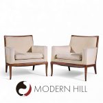 Robsjohn Gibbings for Widdicomb Mid Century Walnut Saber Leg Lounge Chairs - Pair | Mid Century Modern Furniture - Mid Century Furniture Chicago Robsjohn Gibbings for Widdicomb Mid Century Walnut Saber Leg Lounge Chairs - Pair