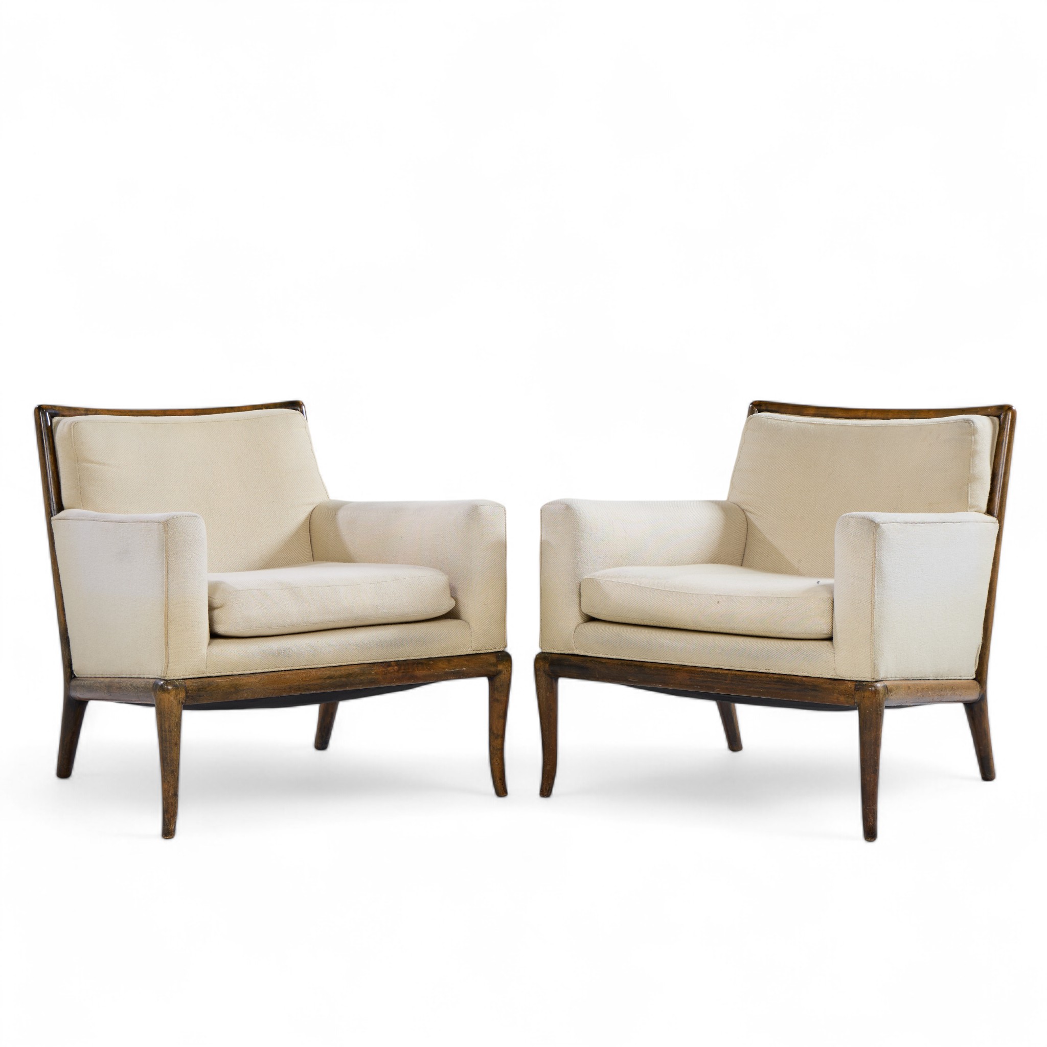 Robsjohn Gibbings for Widdicomb Mid Century Walnut Saber Leg Lounge Chairs - Pair