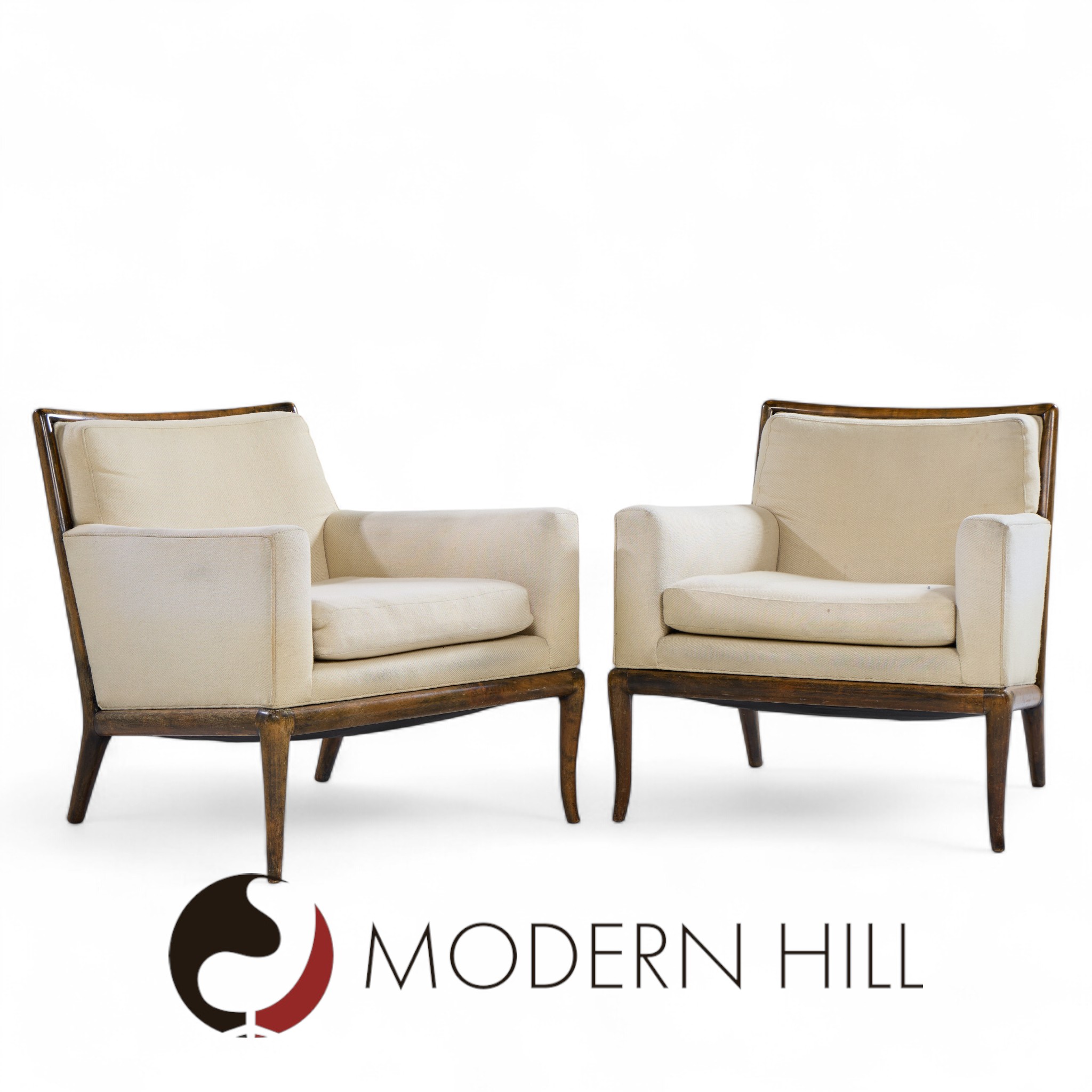 Robsjohn Gibbings for Widdicomb Mid Century Walnut Saber Leg Lounge Chairs - Pair