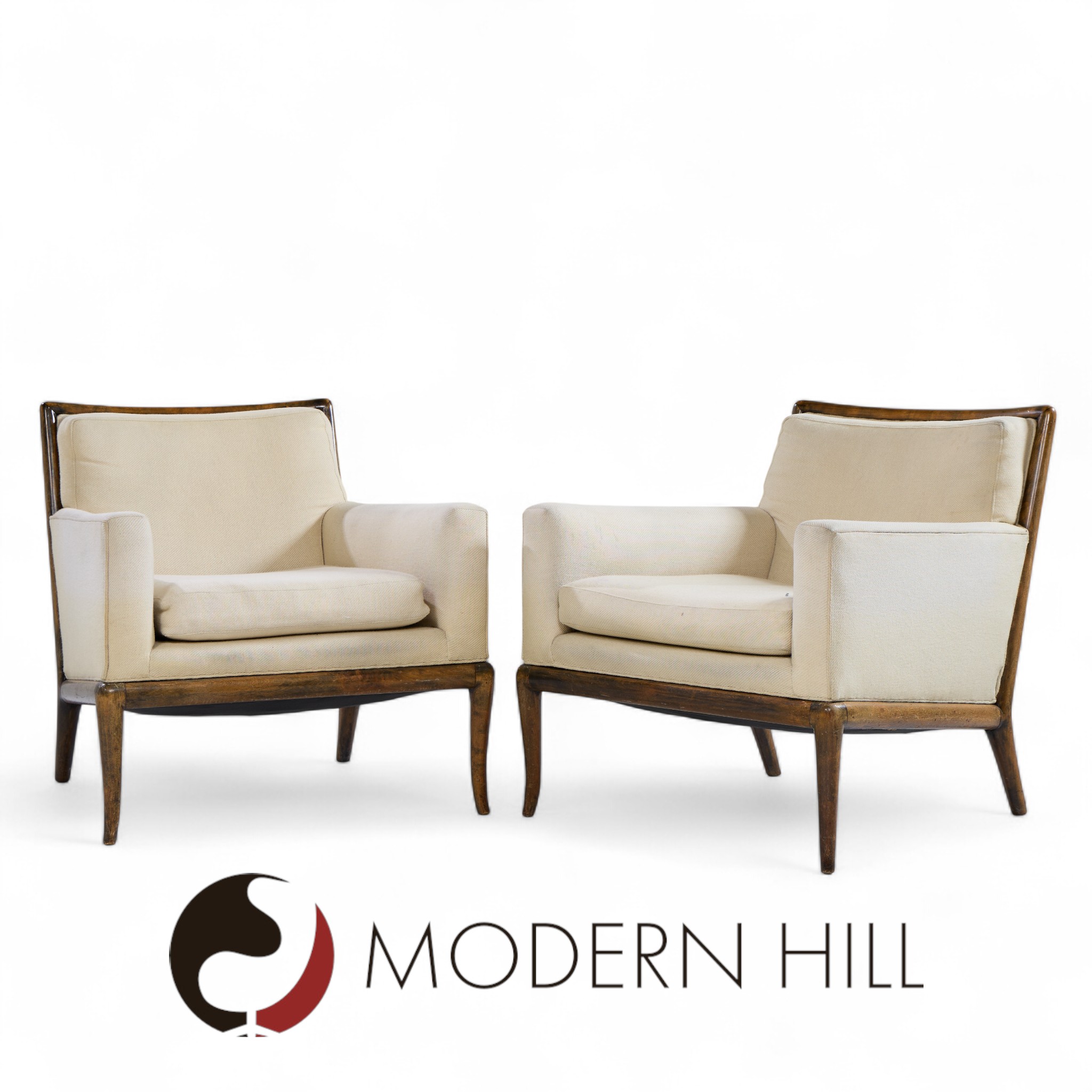 Robsjohn Gibbings for Widdicomb Mid Century Walnut Saber Leg Lounge Chairs - Pair