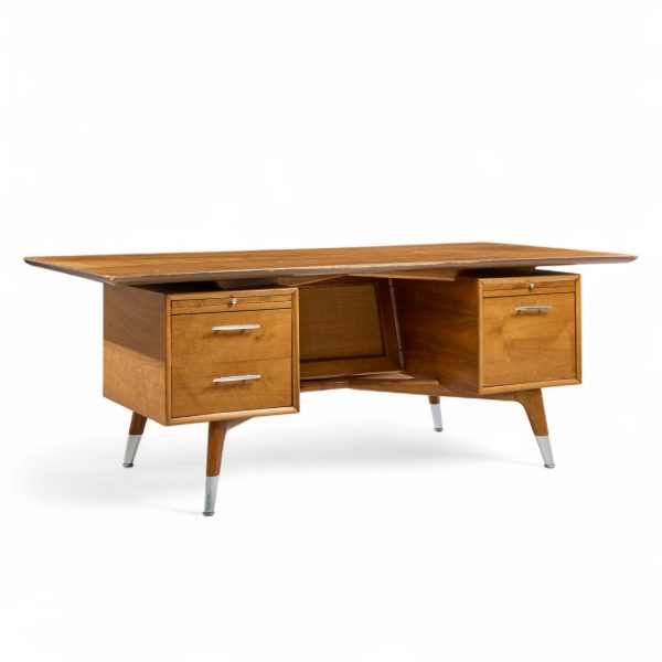 Standard Furniture Company Mid Century Walnut, Brass and Cane Bowtie Desk