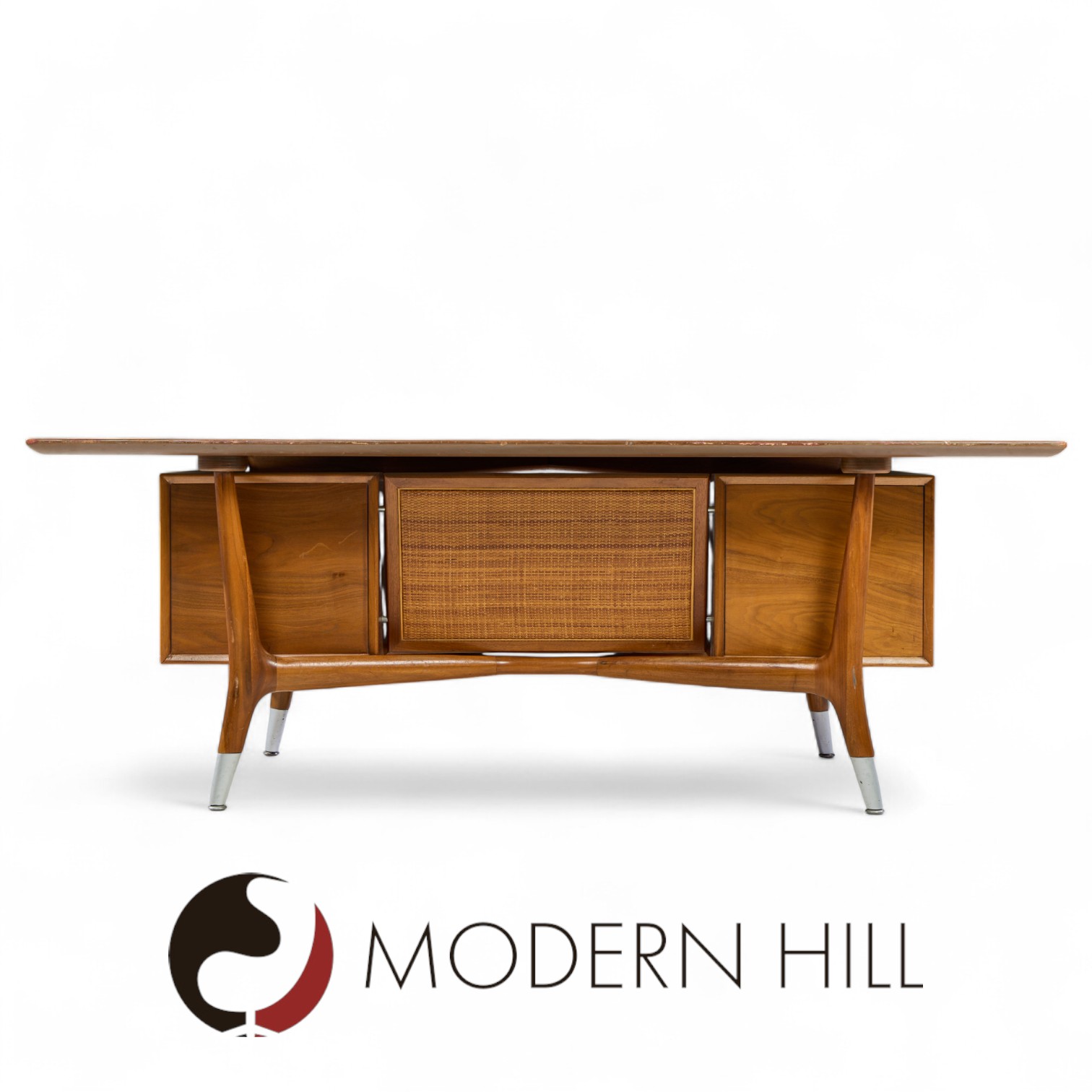 Standard Furniture Company Mid Century Walnut, Brass and Cane Bowtie Desk