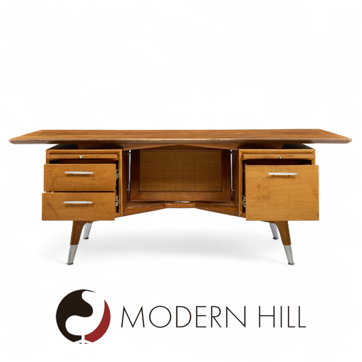 Standard Furniture Company Mid Century Walnut, Brass and Cane Bowtie Desk