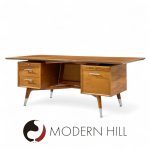 Standard Furniture Company Mid Century Walnut, Brass and Cane Bowtie Desk | Mid Century Modern Furniture - Mid Century Furniture Chicago Standard Furniture Company Mid Century Walnut, Brass and Cane Bowtie Desk