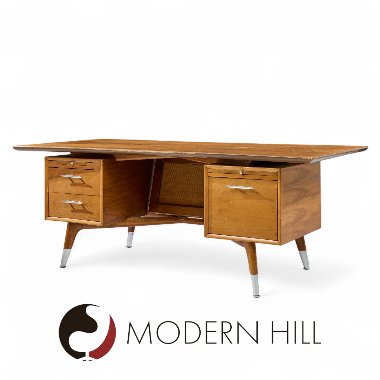 Standard Furniture Company Mid Century Walnut, Brass and Cane Bowtie Desk