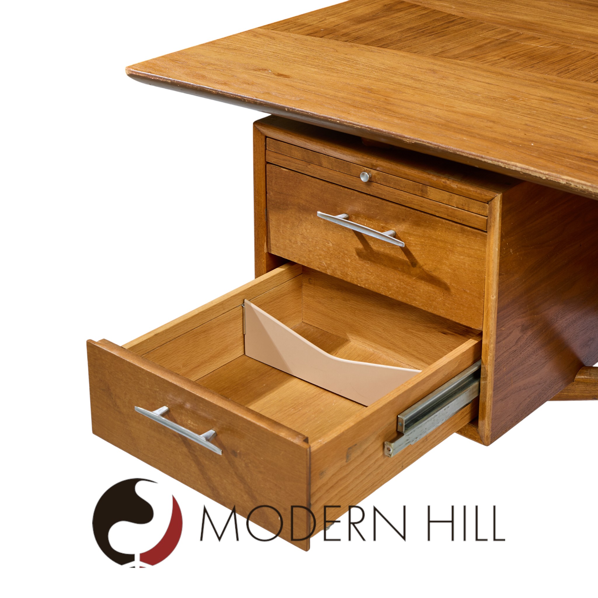 Standard Furniture Company Mid Century Walnut, Brass and Cane Bowtie Desk