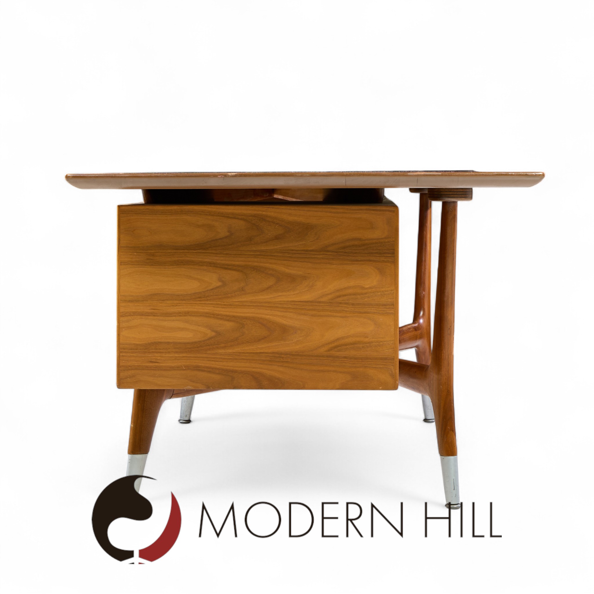 Standard Furniture Company Mid Century Walnut, Brass and Cane Bowtie Desk