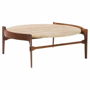 Bertha Schaefer for Singer and Sons Mid Century Travertine and Walnut Coffee Table