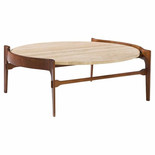 Bertha Schaefer for Singer and Sons Mid Century Travertine and Walnut Coffee Table