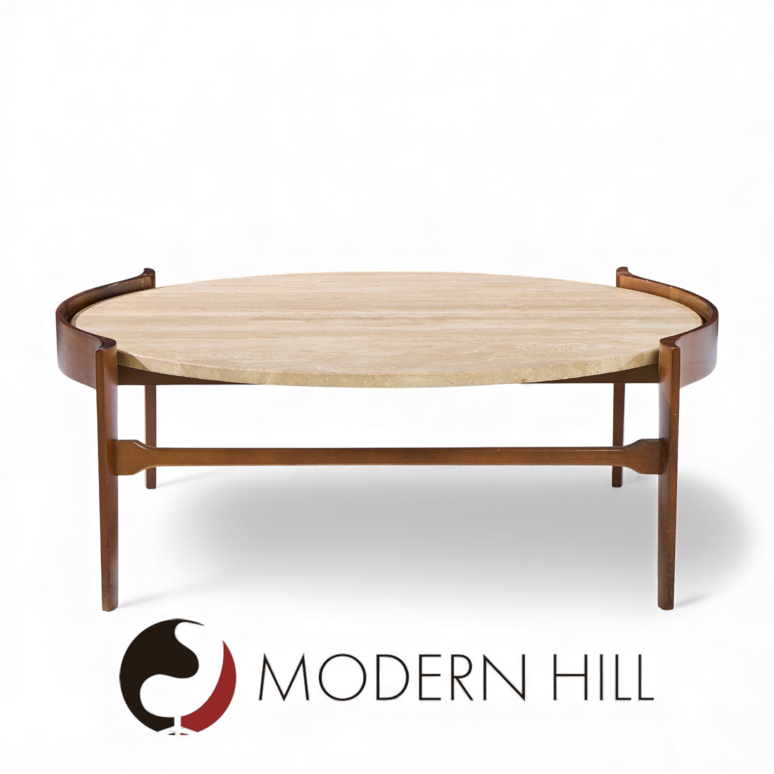 Bertha Schaefer for Singer and Sons Mid Century Travertine and Walnut Coffee Table