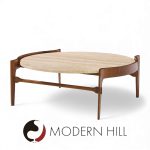Bertha Schaefer for Singer and Sons Mid Century Travertine and Walnut Coffee Table