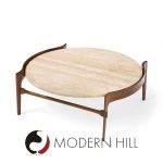 Bertha Schaefer for Singer and Sons Mid Century Travertine and Walnut Coffee Table