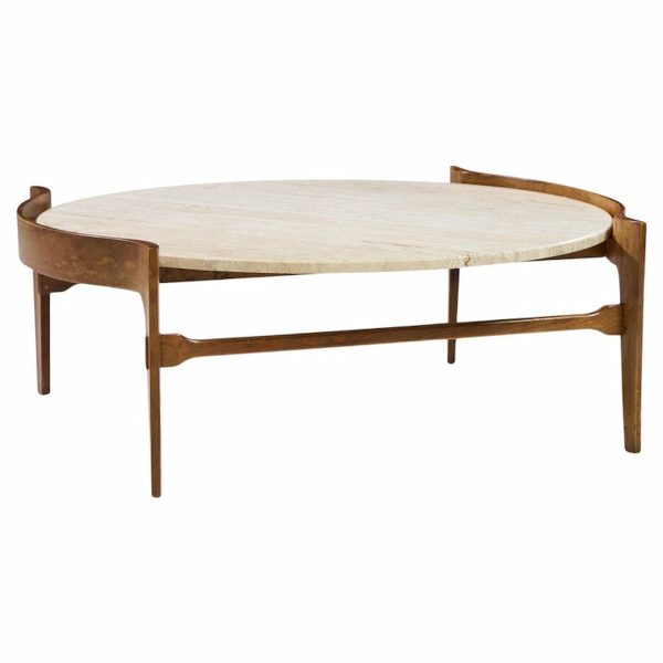 Bertha Schaefer for Singer and Sons Mid Century Travertine and Walnut Coffee Table
