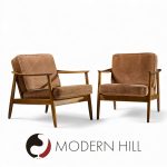 Folke Ohlsson for Dux Model 247 Mid Century Walnut and Cane Lounge Chairs - Pair