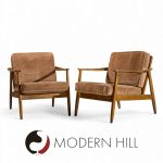 Folke Ohlsson for Dux Model 247 Mid Century Walnut and Cane Lounge Chairs - Pair