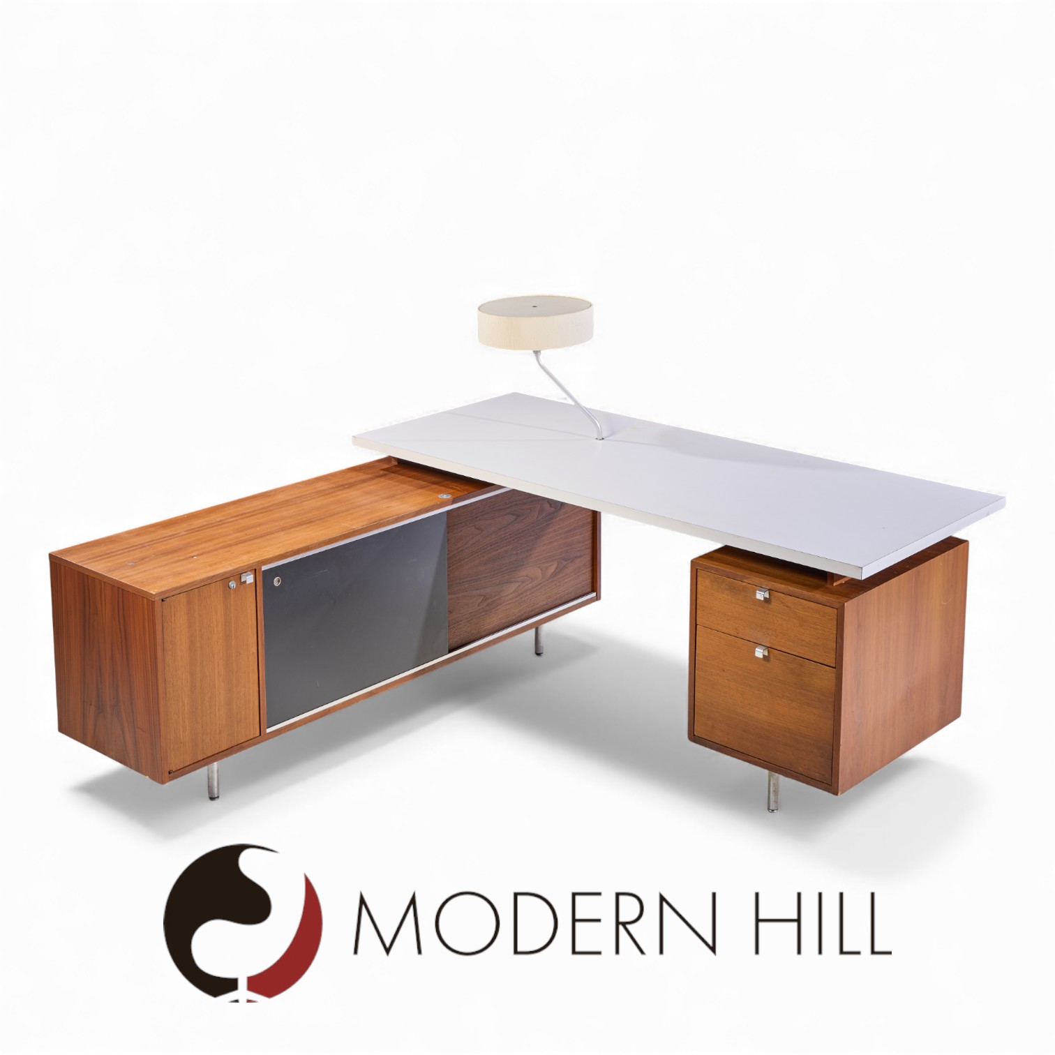 George Nelson for Herman Miller 9000 Series Mid Century Walnut and White Fomica Executive Corner Desk with Return and Built in Lamp