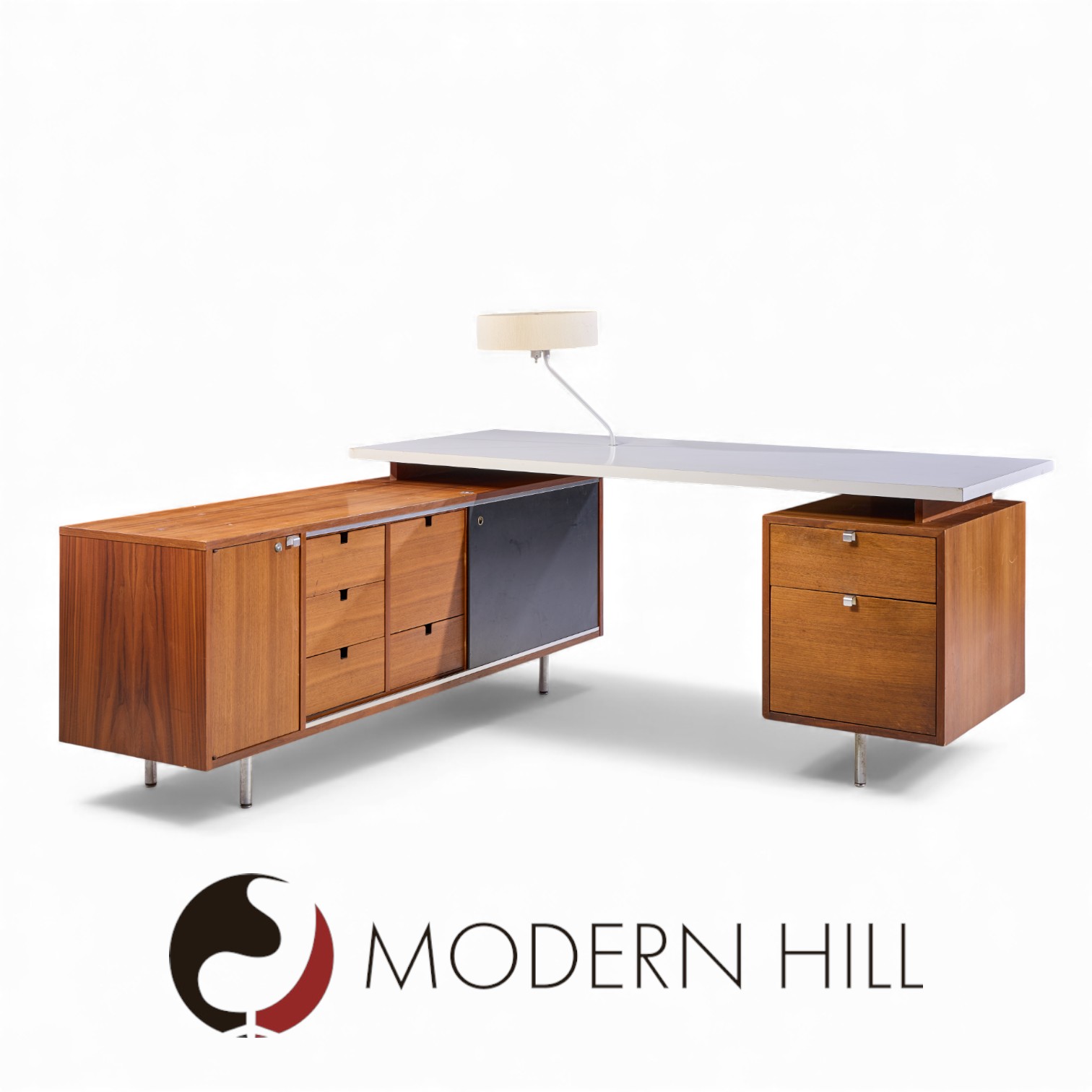George Nelson for Herman Miller 9000 Series Mid Century Walnut and White Fomica Executive Corner Desk with Return and Built in Lamp