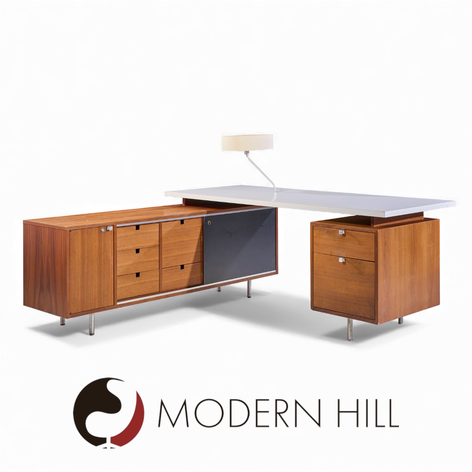 George Nelson for Herman Miller 9000 Series Mid Century Walnut and White Fomica Executive Corner Desk with Return and Built in Lamp