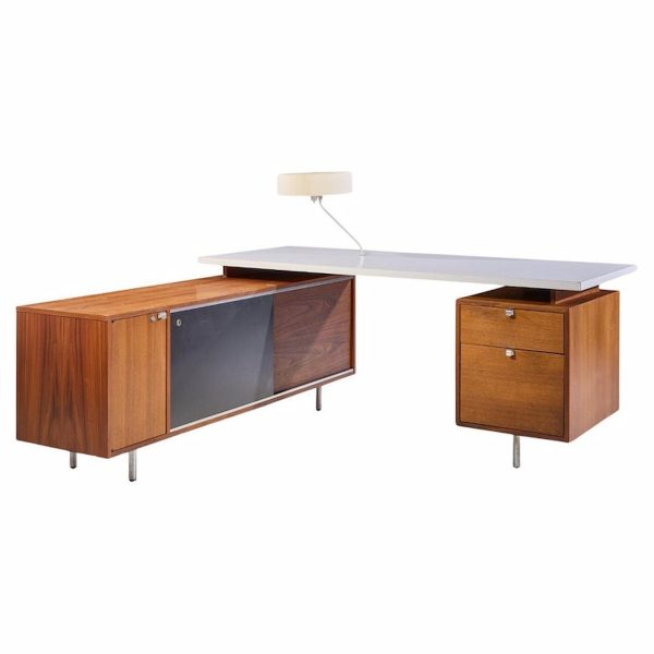 George Nelson for Herman Miller 9000 Series Mid Century Walnut and White Formica Executive Corner Desk with Return and Built in Lamp